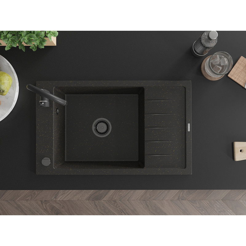 Mexen Elias lavello in granito a una vasca con sgocciolatoio 795 x 480 mm, nero/oro metallizzato, sifone nero - 6511791005-75-B