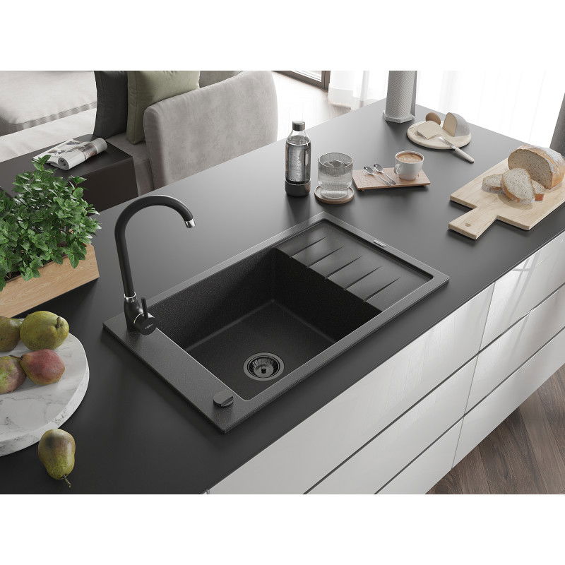 Mexen Elias fregadero de granito de 1 seno con escurridor 795 x 480 mm, negro moteado, sifón negro - 6511791005-76-B