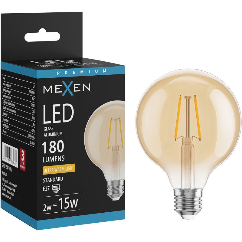 Mexen Vintis LED filament žarnica E27, G95, 2W, Topla - 2200K, 180 lm, jantar - L157-E27-0222-50