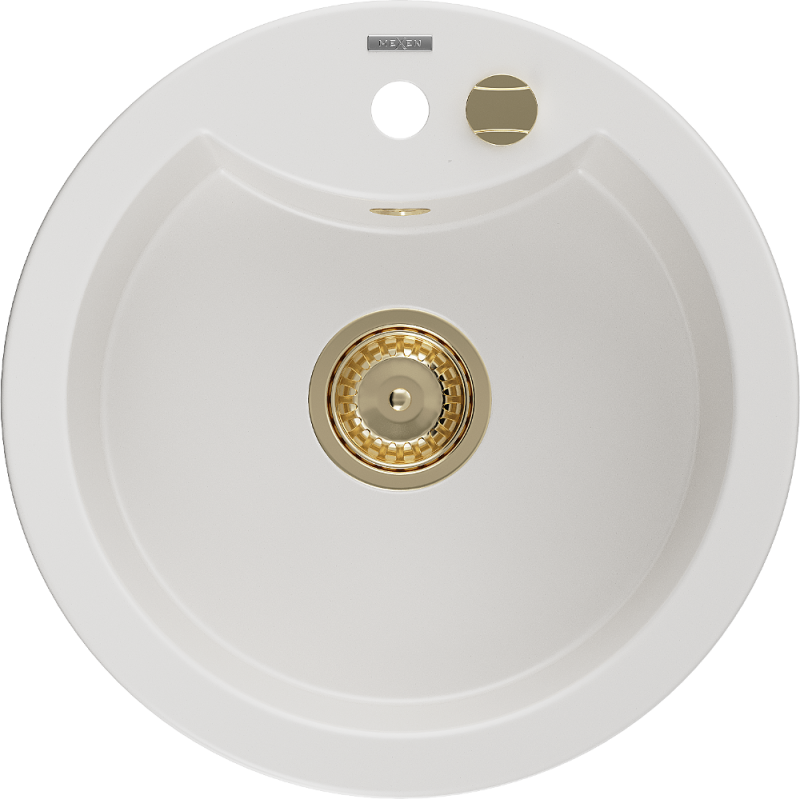 Mexen Diego fregadero de granito de 1 seno 488 x 480 mm, blanco, sifón dorado - 6512481000-20-G