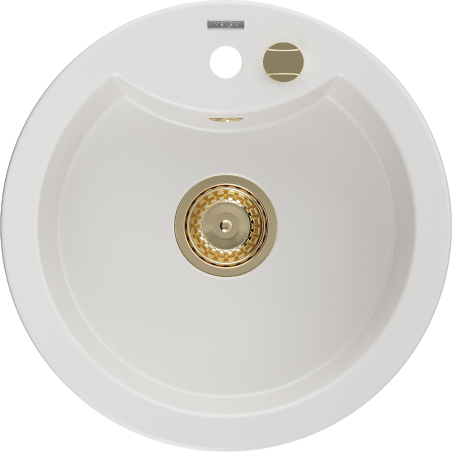 Mexen Diego fregadero de granito de 1 cubeta 488 x 480 mm, blanco, sifón dorado - 6512481000-20-G