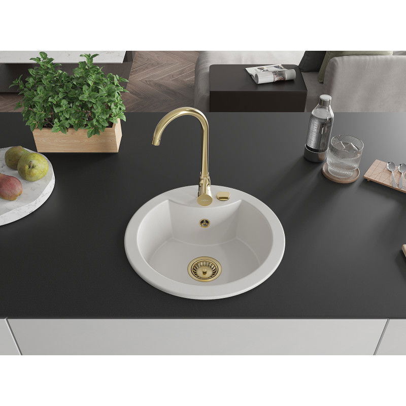 Mexen Diego 1-bowl granite sink 488 x 480 mm, white, gold siphon - 6512481000-20-G