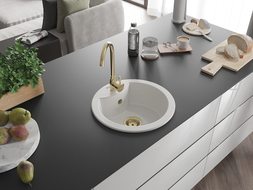 Mexen Diego Granitspüle 1-beckig 488 x 480 mm, weiß, goldener Siphon - 6512481000-20-G