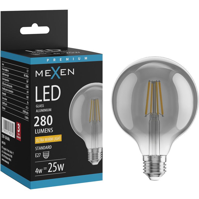 Mexen Vintis Lampadina filament LED E27, G95, 4W, Calda - 2200K, 280 lm, fumo - L157-E27-0422-70