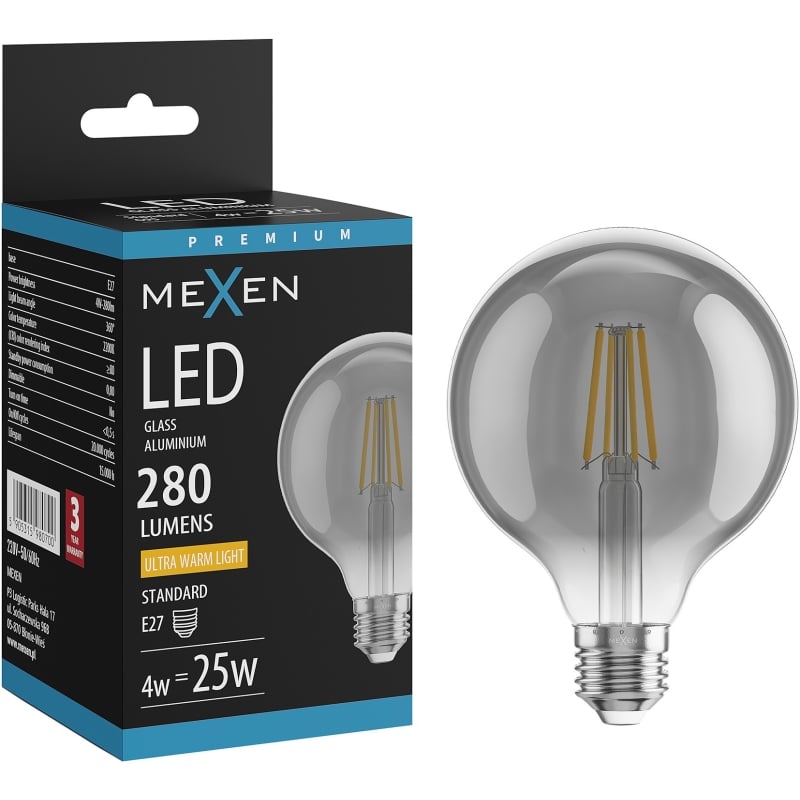 Mexen Vintis LED filamentna žarulja E27, G95, 4W, Topla - 2200K, 280 lm, dimljena - L157-E27-0422-70