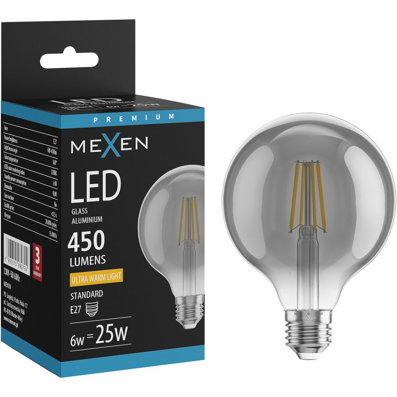 Mexen Vintis Ampoule filament LED E27, G95, 6W, Chaude - 2200K, 450 lm, fumée - L157-E27-0622-70
