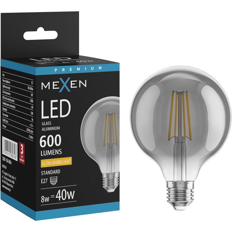 Mexen Vintis Λάμπα LED νήματος E27, G95, 8W, Θερμή - 2200K, 600 lm, καπνιστό - L157-E27-0822-70