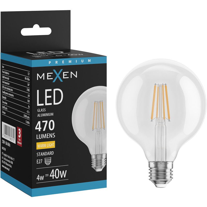 Mexen Vintis Lampadina LED filament E27, G95, 4W, Calda - 2700K, 470 lm, trasparente - L157-E27-0427-00