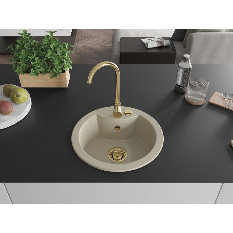 Mexen Diego granit gootsteen 1-komerig 488 x 480 mm, beige, gouden sifon - 6512481000-69-G
