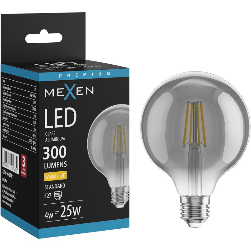Mexen Vintis Lampadina a filamento LED E27, G95, 4W, Calda - 2700K, 300 lm, fumé - L157-E27-0427-70