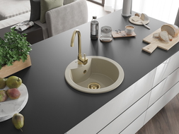 Mexen Diego Granitspüle 1-Becken 488 x 480 mm, Beige, Goldener Siphon - 6512481000-69-G