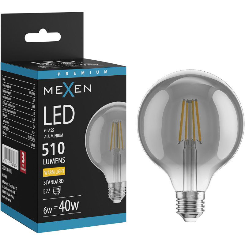 Mexen Vintis Ampoule LED filament E27, G95, 6W, Chaude - 2700K, 510 lm, fumée - L157-E27-0627-70