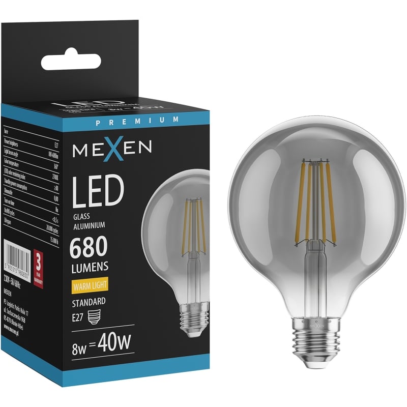Mexen Vintis Bombilla LED de filamento E27, G95, 8W, Cálida - 2700K, 680 lm, humo - L157-E27-0827-70