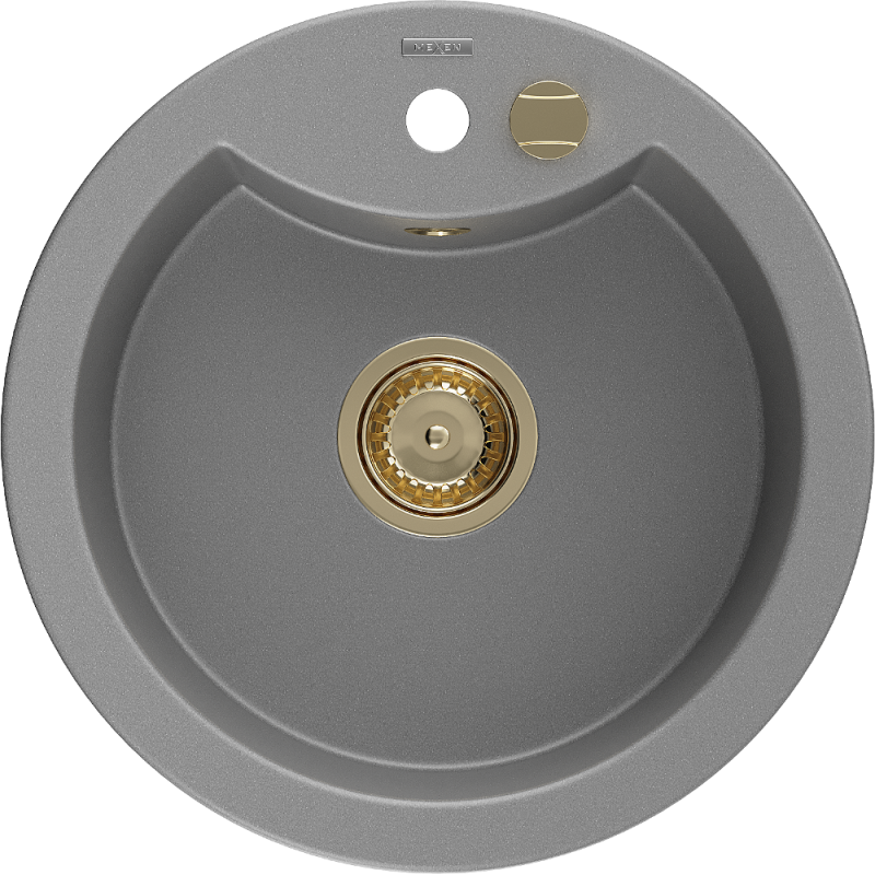 Mexen Diego granitdiskbänk med 1 fack 488 x 480 mm, grå, guld siphon - 6512481000-71-G