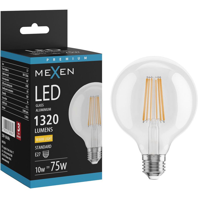 Mexen Vintis LED spuldze ar kvēldiegu E27, G95, 10W, Silta gaisma - 2700K, 1320 lm, caurspīdīga - L157-E27-1027-00