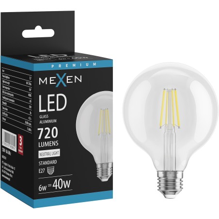 Mexen Vintis LED-filamentlampa E27, G95, 6W, Neutral - 4000K, 720 lm, klar - L157-E27-0640-00