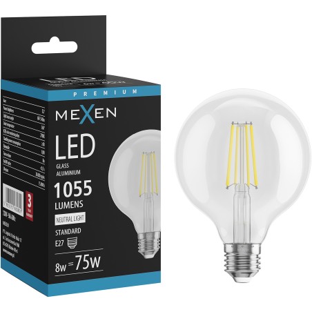 Mexen Vintis Bombilla LED de filamento E27, G95, 8W, Neutra - 4000K, 1055 lm, transparente - L157-E27-0840-00