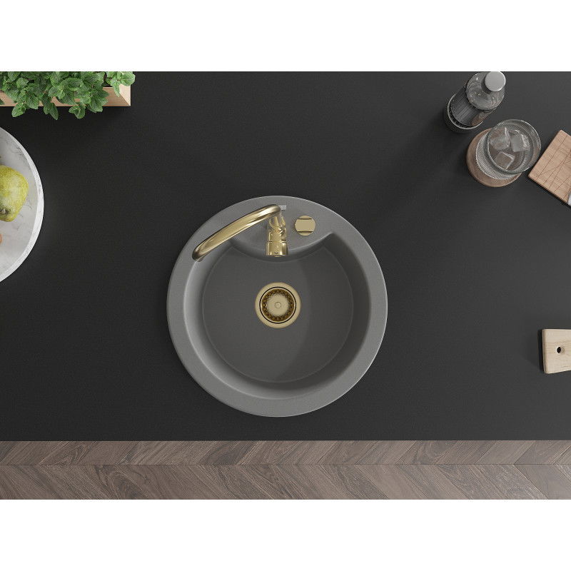 Mexen Diego lavello in granito a 1 vasca 488 x 480 mm, grigio, sifone dorato - 6512481000-71-G