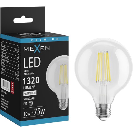Mexen Vintis Bombilla LED de filamento E27, G95, 10W, Neutra - 4000K, 1320 lm, transparente - L157-E27-1040-00