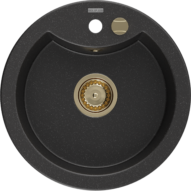 Mexen Diego fregadero de granito de 1 cubeta 488 x 480 mm, negro/plateado metálico, sifón dorado - 6512481000-73-G