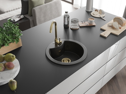 Mexen Diego évier en granit 1 bac 488 x 480 mm, noir/doré métallisé, siphon doré - 6512481000-75-G