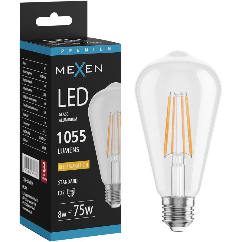 Mexen Vintis LED Filament Glühbir, E27, ST64, 8W, Warm - 2200K, 1055 lm, kloer - L152-E27-0822-00