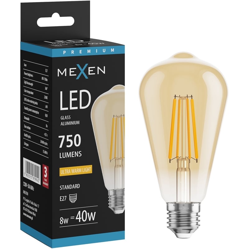 Mexen Vintis LED E27 filamentlampa, ST64, 8W, Varm - 2200K, 750 lm, bärnsten - L152-E27-0822-50