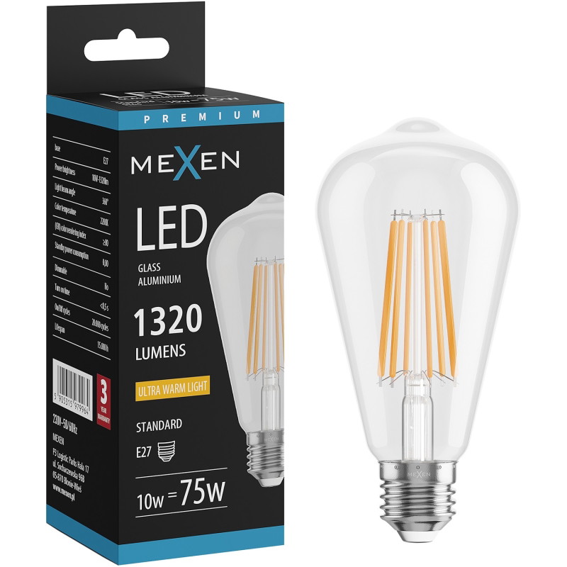 Mexen Vintis Filament LED-glödlampa E27, ST64, 10W, Varm - 2200K, 1320 lm, klar - L152-E27-1022-00