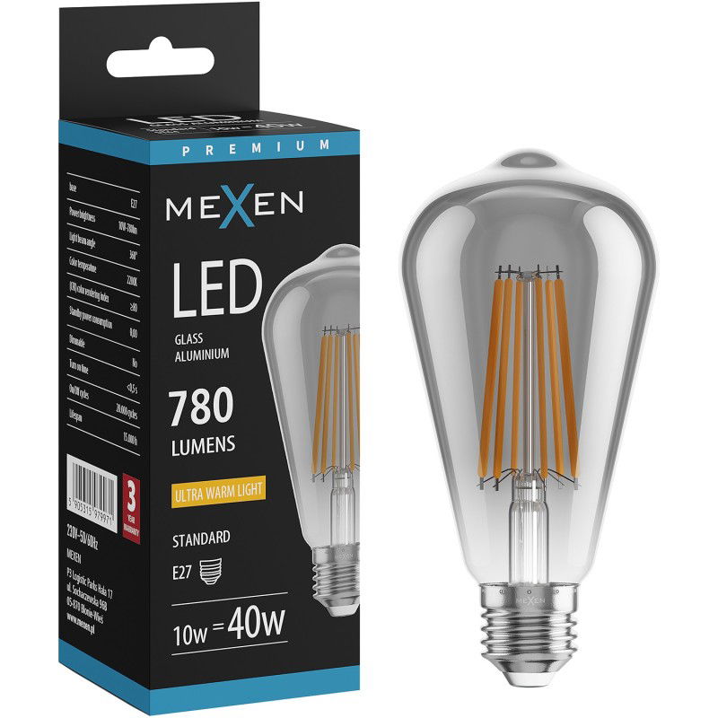 Mexen Vintis LED Filament Glühbir Watt E27, ST64, 10W, Warm - 2200K, 780 lm, smoke - L152-E27-1022-70