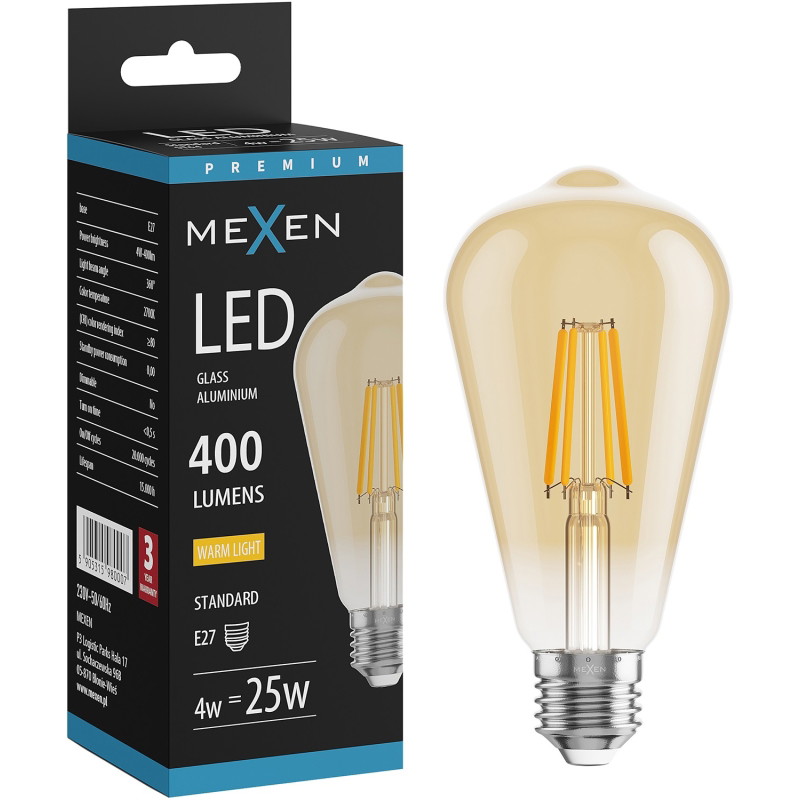 Mexen Vintis LED filamentlampa E27, ST64, 4W, Varm - 2700K, 400 lm, bärnsten - L152-E27-0427-50