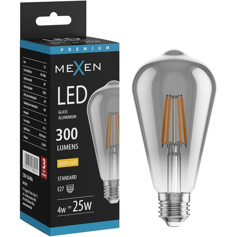Mexen Vintis Ampoule filament LED E27, ST64, 4W, Chaude - 2700K, 300 lm, fumée - L152-E27-0427-70