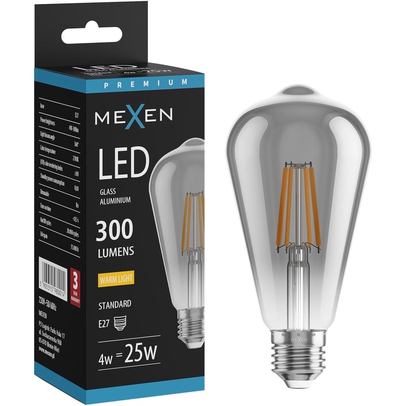 Mexen Vintis Bombilla de filamento LED E27, ST64, 4W, Cálida - 2700K, 300 lm, ahumada - L152-E27-0427-70