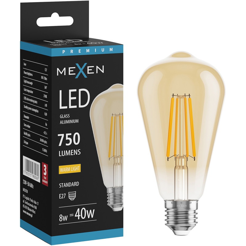 Mexen Vintis LED-filamentlampa E27, ST64, 8W, Varm - 2700K, 750 lm, bärnsten - L152-E27-0827-50