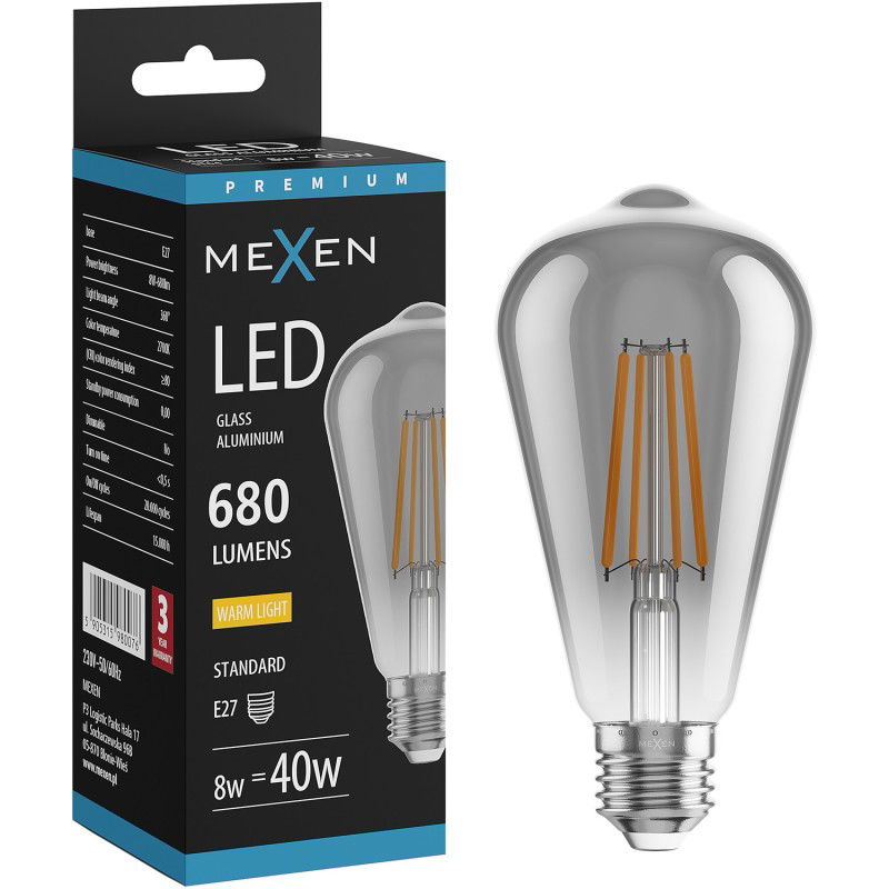 Mexen Vintis LED-Filament-Glühlampe E27, ST64, 8W, Warm - 2700K, 680 lm, rauch - L152-E27-0827-70