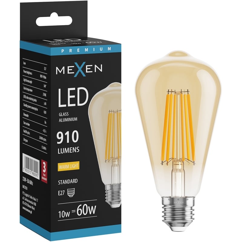Mexen Vintis Bombilla filament LED E27, ST64, 10W, Cálida - 2700K, 910 lm, ámbar - L152-E27-1027-50