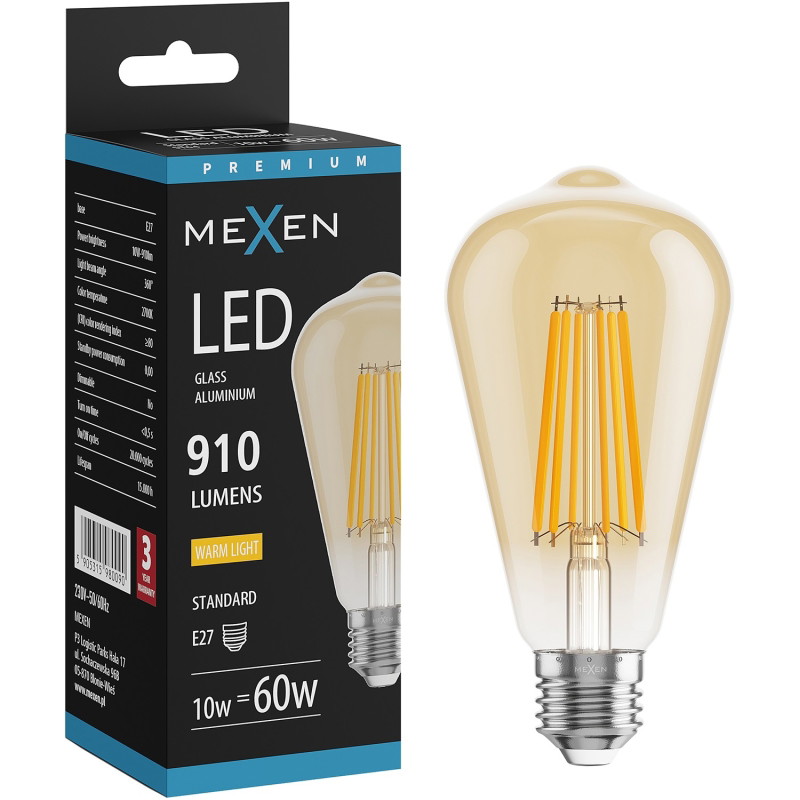 Mexen Vintis LED filamentlampa E27, ST64, 10W, Varm - 2700K, 910 lm, bärnsten - L152-E27-1027-50