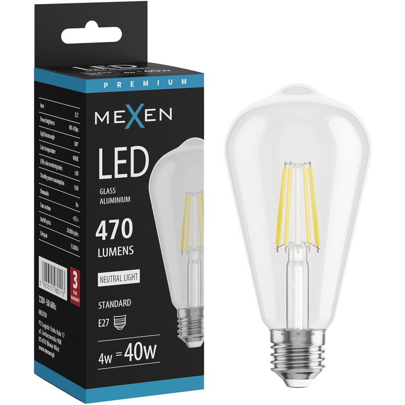 Mexen Vintis LED-hehkulanka E27, ST64, 4W, Neutraali - 4000K, 470 lm, kirkas - L152-E27-0440-00