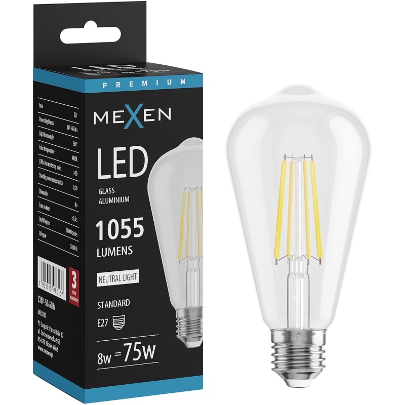 Mexen Vintis Bombilla LED filamento E27, ST64, 8W, Neutra - 4000K, 1055 lm, clara - L152-E27-0840-00