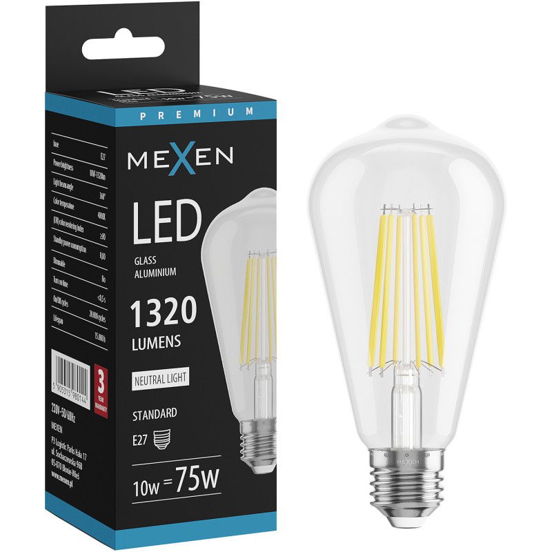 Mexen Vintis Ampoule filament LED E27, ST64, 10W, Neutre - 4000K, 1320 lm, clair - L152-E27-1040-00