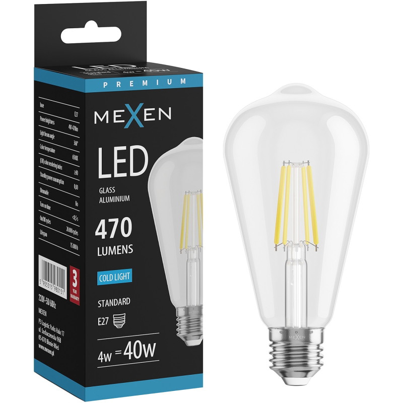 Mexen Vintis LED-glödlampa filament E27, ST64, 4W, Kall - 6500K, 470 lm, klar - L152-E27-0465-00