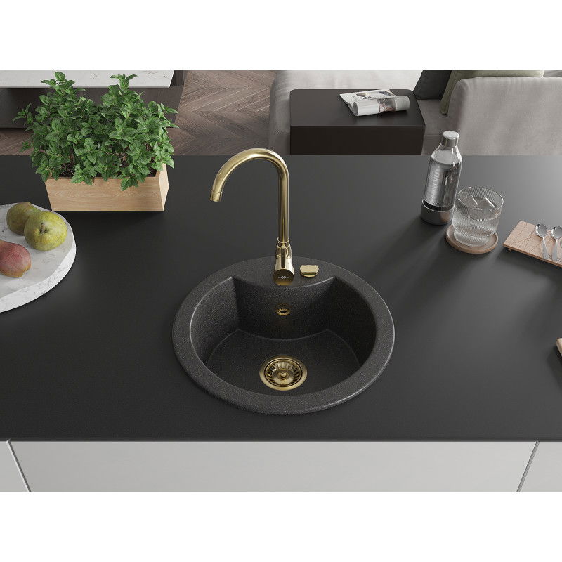 Mexen Diego granite sink 1-bowl 488 x 480 mm, black speckled, gold siphon - 6512481000-76-G