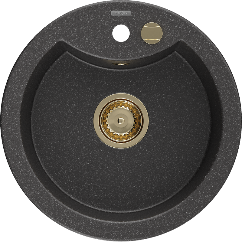 Mexen Diego fregadero de granito de 1 cubeta 488 x 480 mm, negro moteado, sifón dorado - 6512481000-76-G