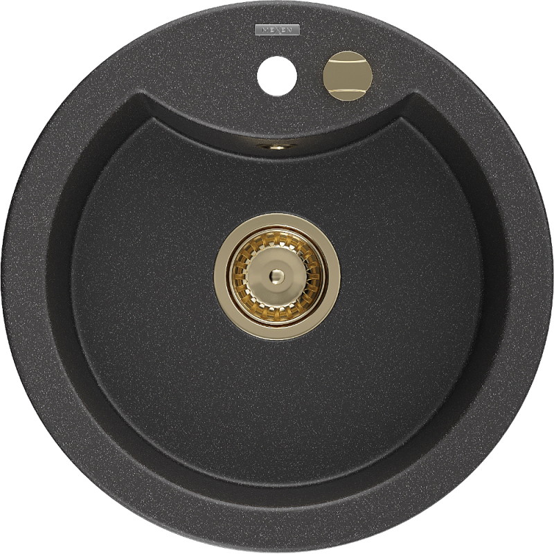 Mexen Diego granitische spoelbak 1-kamer 488 x 480 mm, zwart gespikkeld, gouden sifon - 6512481000-76-G
