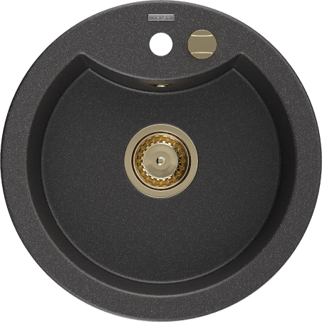 Mexen Diego Granitspüle 1-beckig 488 x 480 mm, schwarz gesprenkelt, goldener Siphon - 6512481000-76-G
