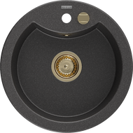 Mexen Diego granite sink 1-bowl 488 x 480 mm, black speckled, gold siphon - 6512481000-76-G
