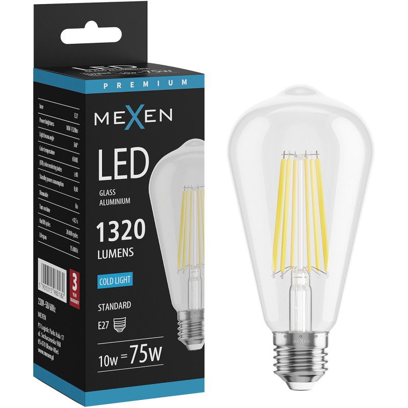 Mexen Vintis Ampoule filament LED E27, ST64, 10W, Froid - 6500K, 1320 lm, transparent - L152-E27-1040-00 - L152-E27-1065-00