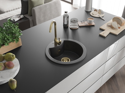 Mexen Diego évier en granit 1 bac 488 x 480 mm, noir moucheté, siphon doré - 6512481000-76-G