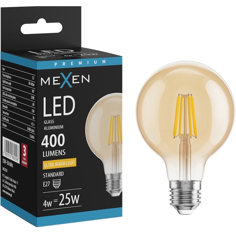 Mexen Vintis Bombilla LED de filamento E27, G80, 4W, Cálida - 2200K, 400 lm, ámbar - L155-E27-0422-50