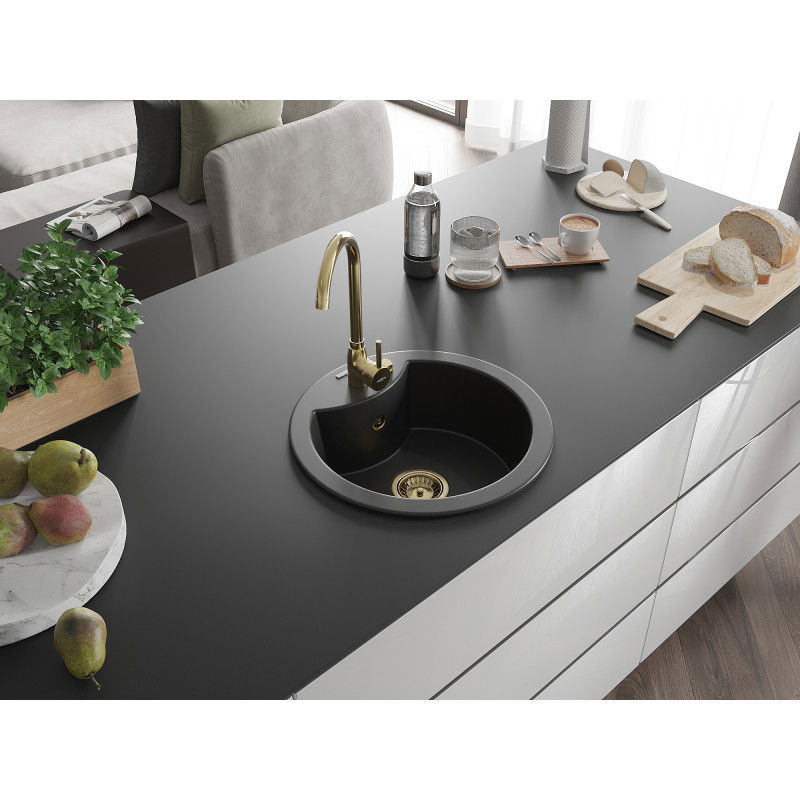 Mexen Diego lavello in granito a 1 vasca 488 x 480 mm, nero, sifone dorato - 6512481000-77-G