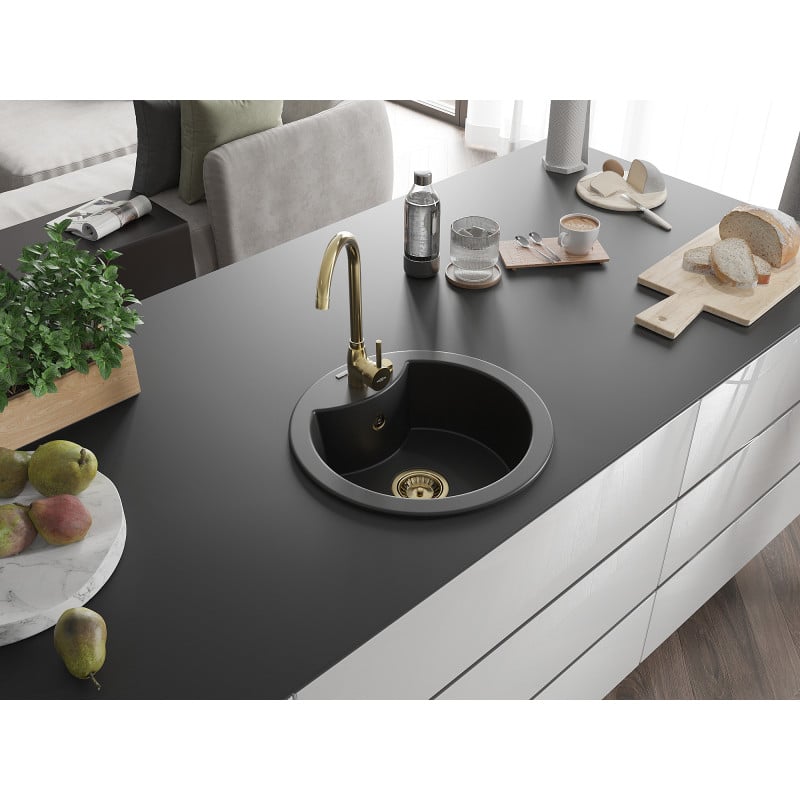 Mexen Diego zlewozmywak granitowy 1-komorowy 488 x 480 mm, czarny, syfon złoty - 6512481000-77-G